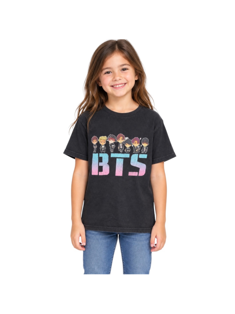 BTS Chibi Graphic T-Shirt Black Youth Small 7–8 K-Pop
